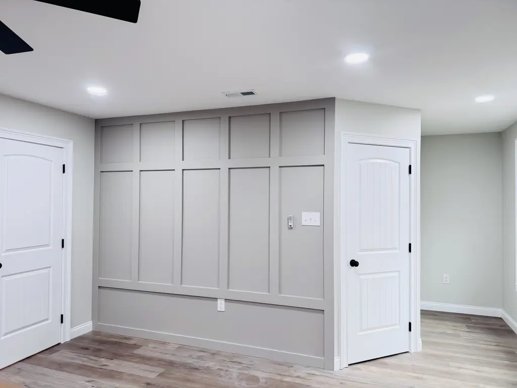 Board and batten accent wall painted gray